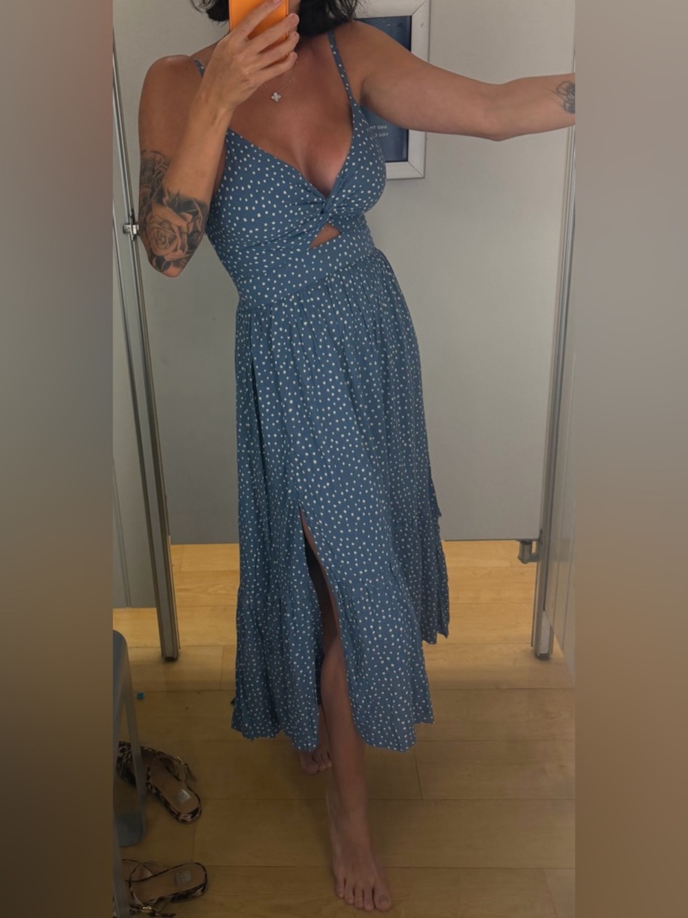Blue Polka Dot Midi Dress Twist Front Slit Flowy Summer Dress Size M Boho